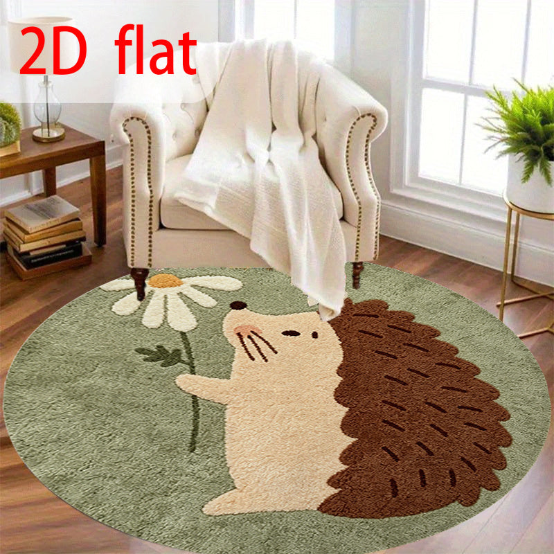 Tapis rond enfant motif hérisson et marguerite, tissé à plat