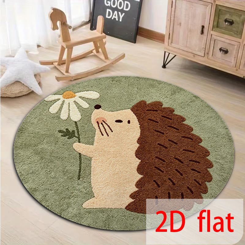 Tapis rond enfant motif hérisson et marguerite, tissé à plat