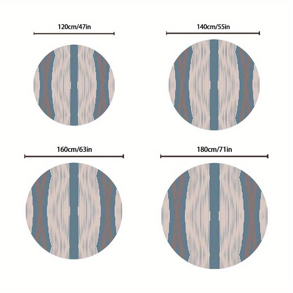 Tapis rond bleu et beige à rayures ikat, velours tissé plat