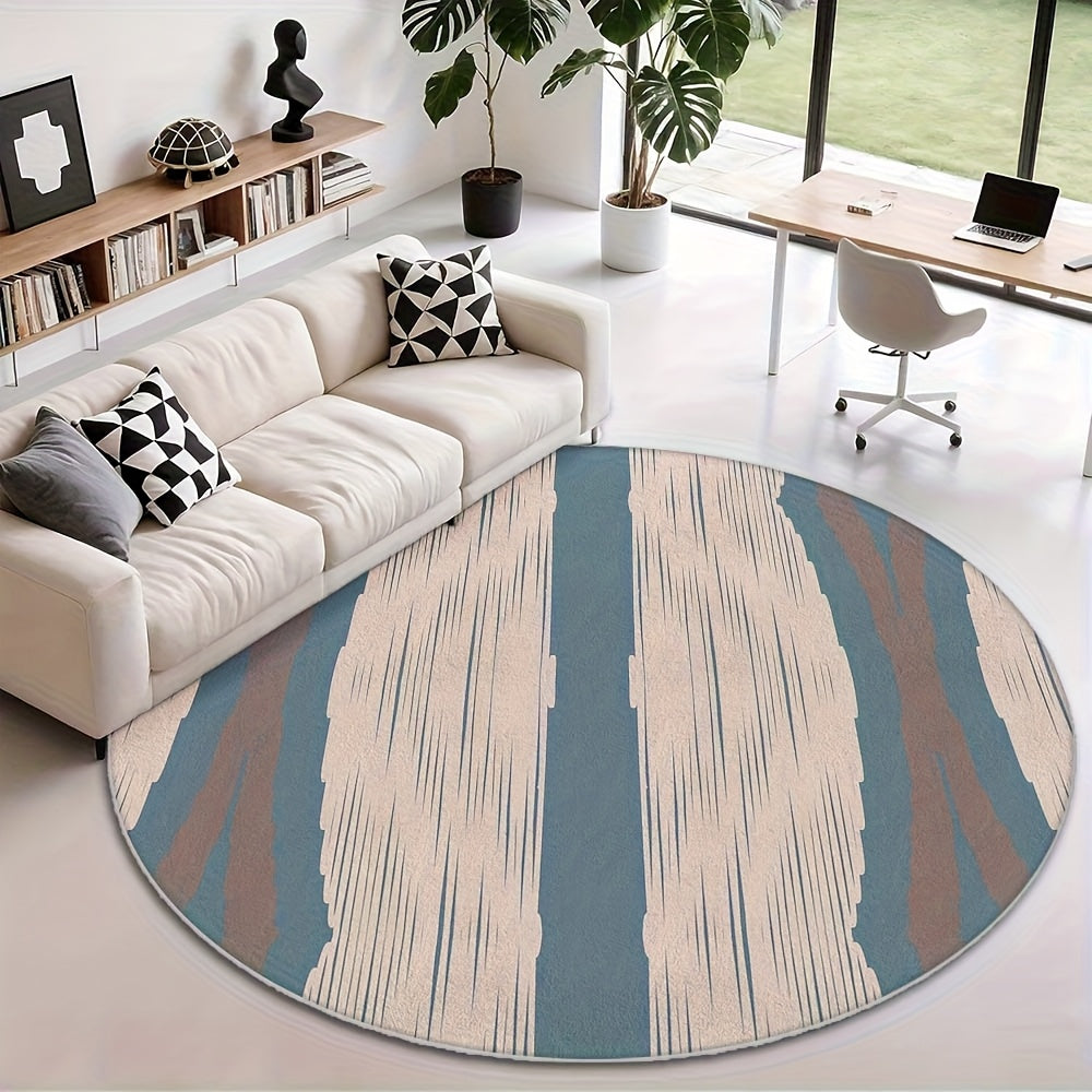 Tapis rond bleu et beige à rayures ikat, velours tissé plat