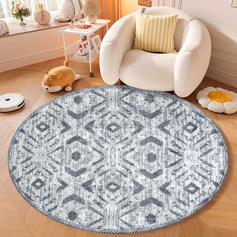 Tapis rond ikat gris perle sur blanc grisé, Ø 80 à 200 cm
