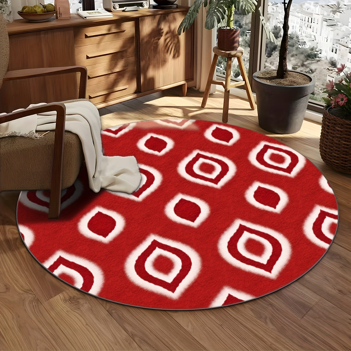 Tapis rond à médaillons ikat rouge et blanc, 4 diamètres