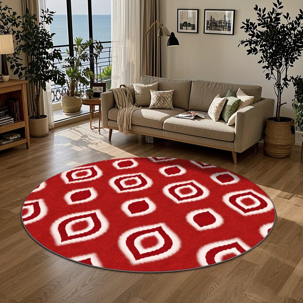 Tapis rond à médaillons ikat rouge et blanc, 4 diamètres