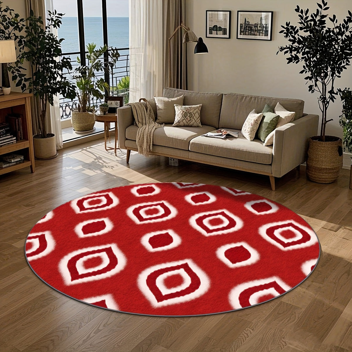 Tapis rond à médaillons ikat rouge et blanc, 4 diamètres
