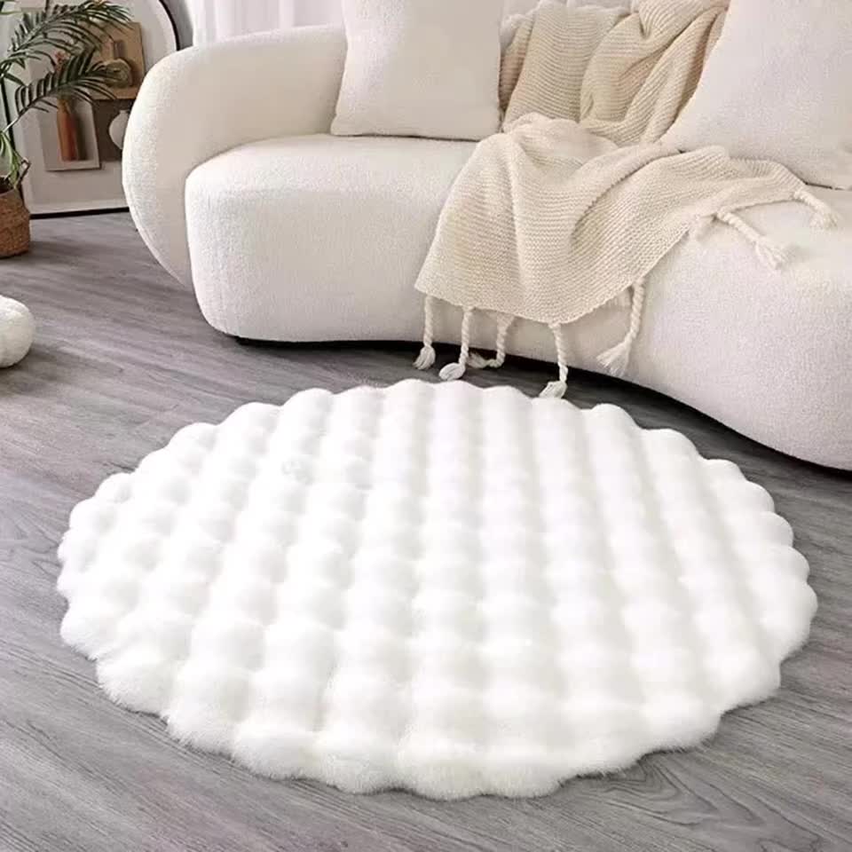 Tapis rond fausse fourrure à bulles, bord festonné Ø 90 cm