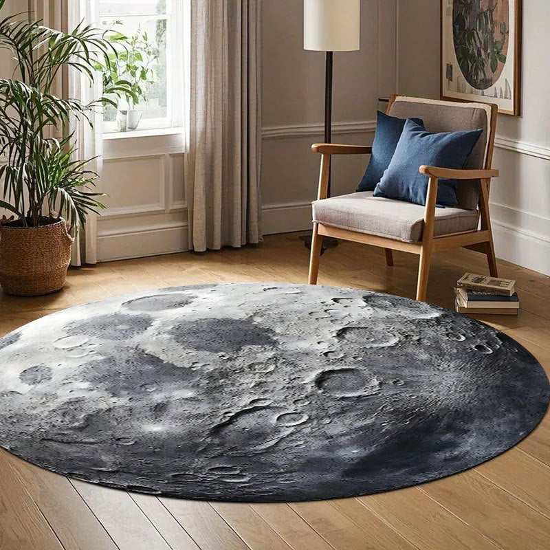 Tapis rond imprimé lunaire gris, flanelle, Ø 80 à 120 cm