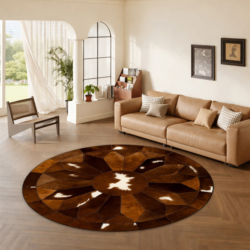 Tapis rond imprimé patchwork façon peau, brun et blanc cassé