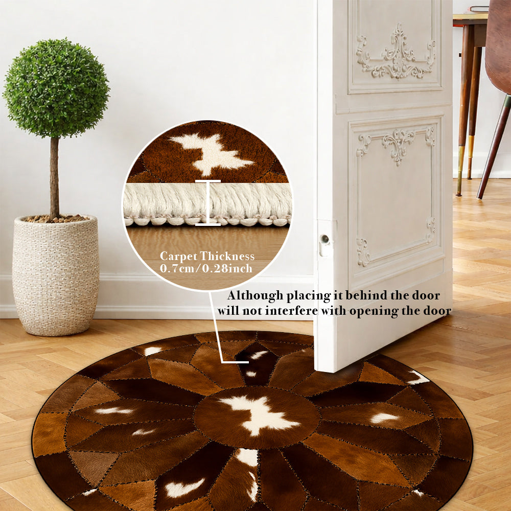 Tapis rond imprimé patchwork façon peau, brun et blanc cassé