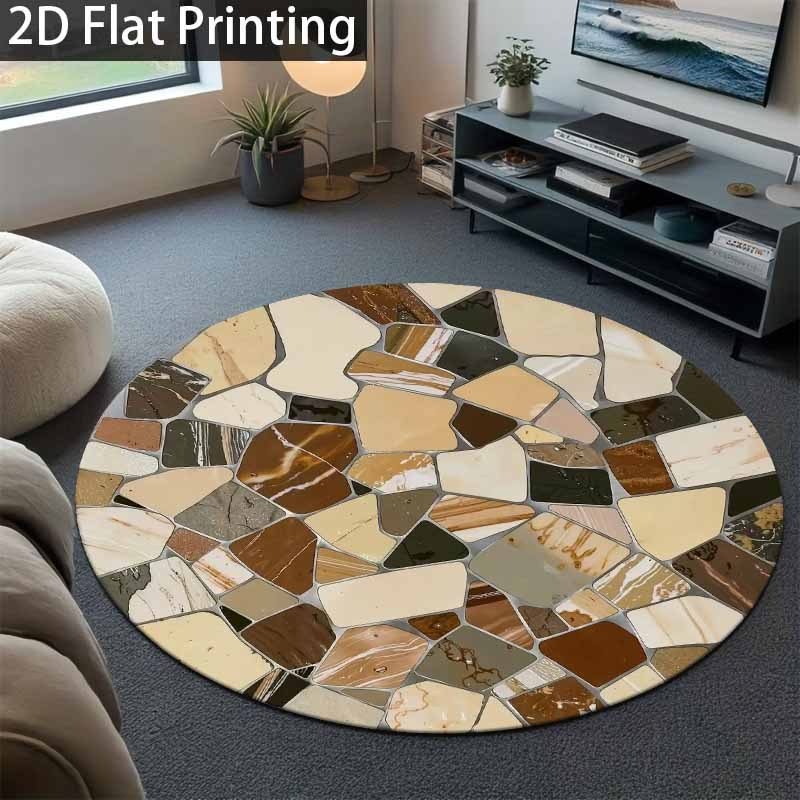 Tapis rond imprimé pierre, mosaïque beige et brune à plat
