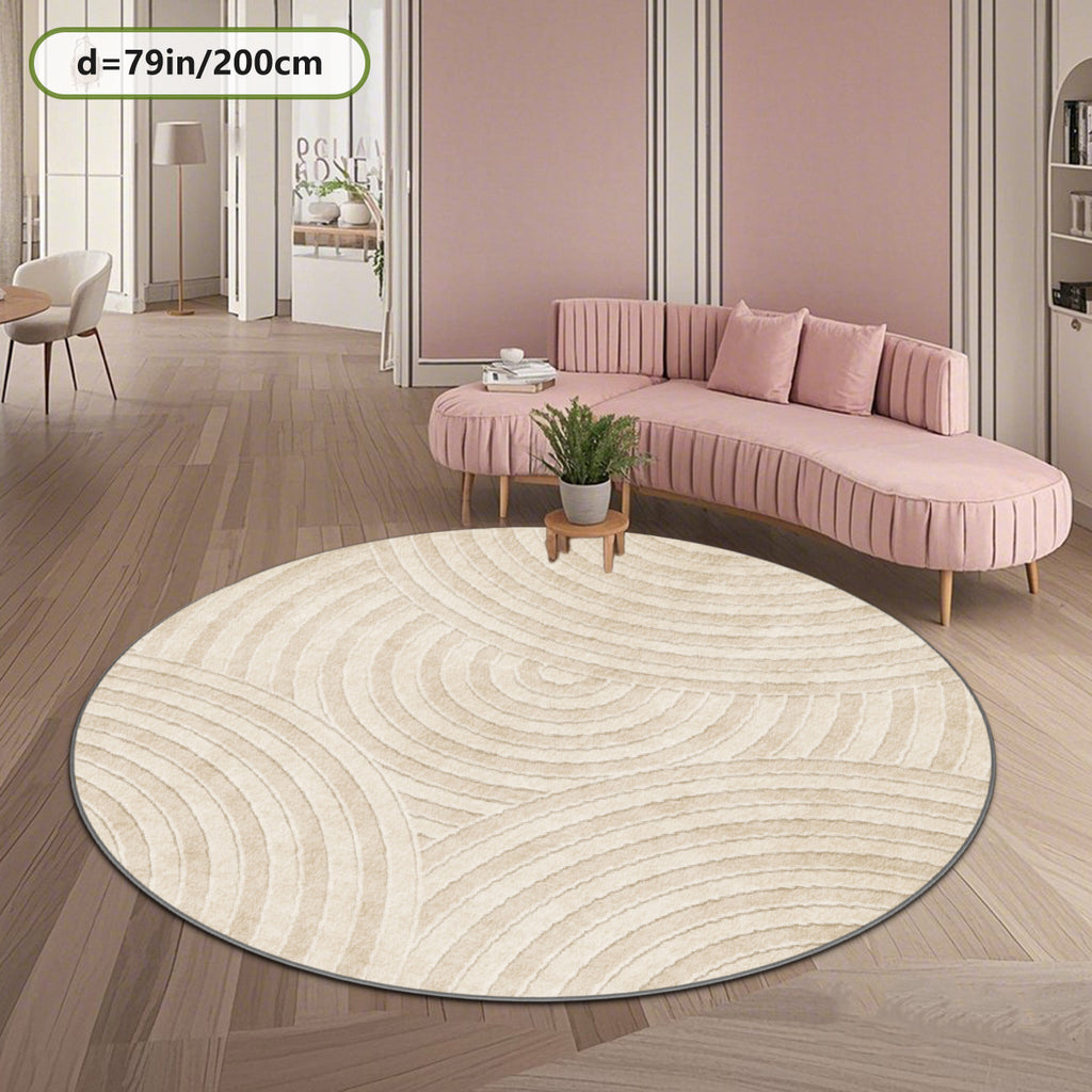 Tapis rond crème à motif d'arcs sculptés, dos à pois adhérent