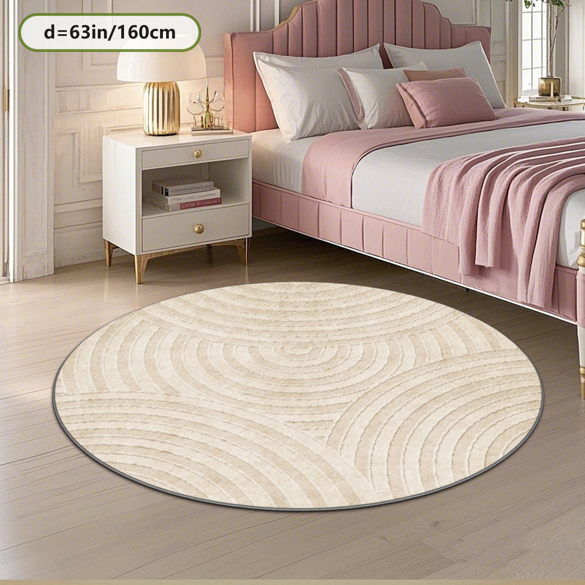 Tapis rond crème à motif d'arcs sculptés, dos à pois adhérent