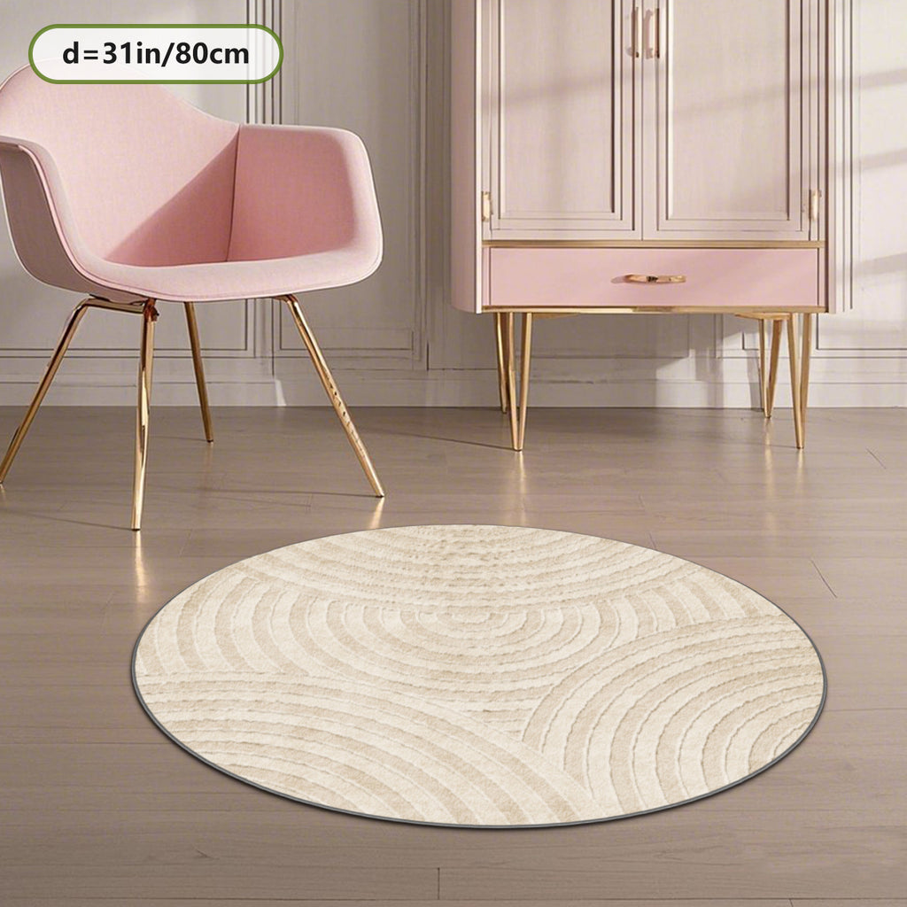 Tapis rond crème à motif d'arcs sculptés, dos à pois adhérent