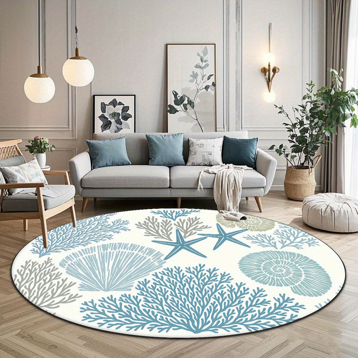 Tapis rond blanc et bleu à coraux marins, Ø 100 et 160 cm