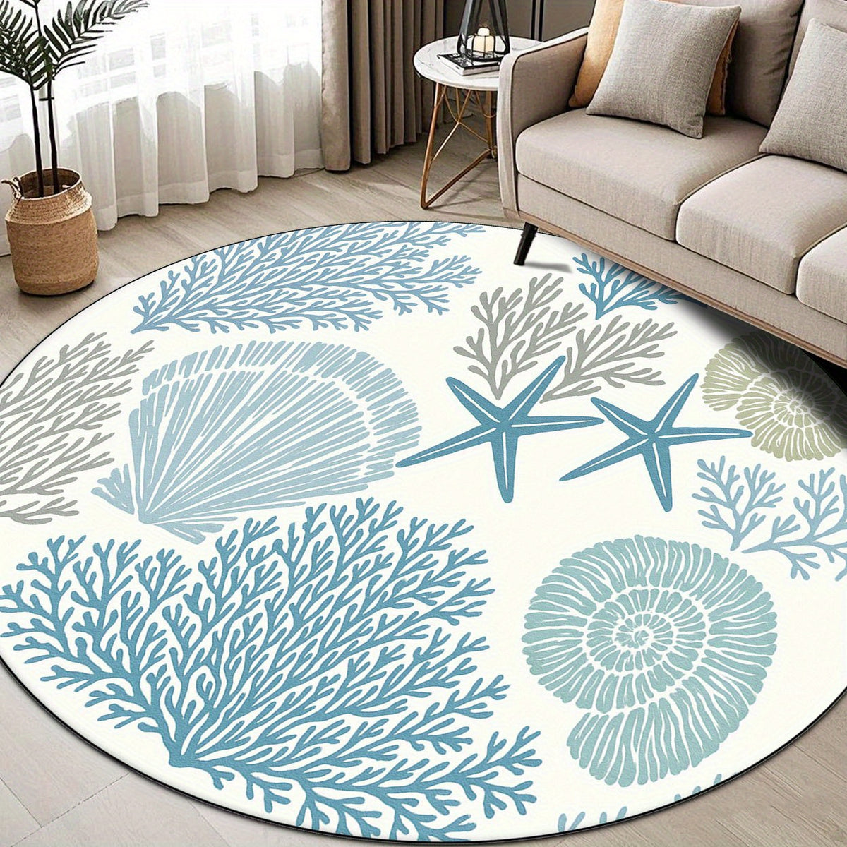 Tapis rond blanc et bleu à coraux marins, Ø 100 et 160 cm