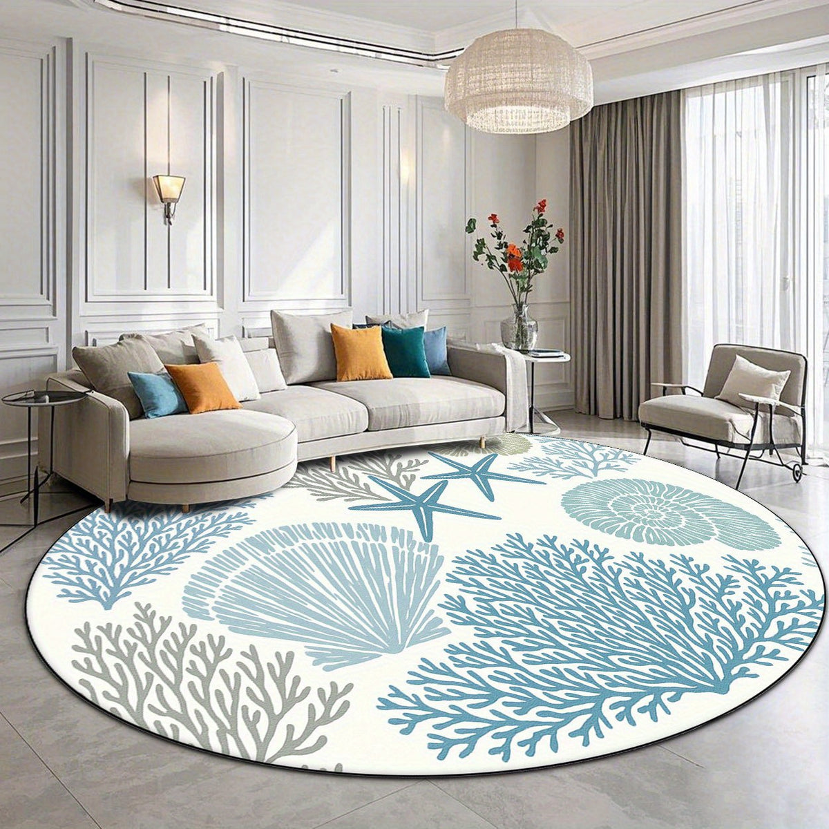 Tapis rond blanc et bleu à coraux marins, Ø 100 et 160 cm