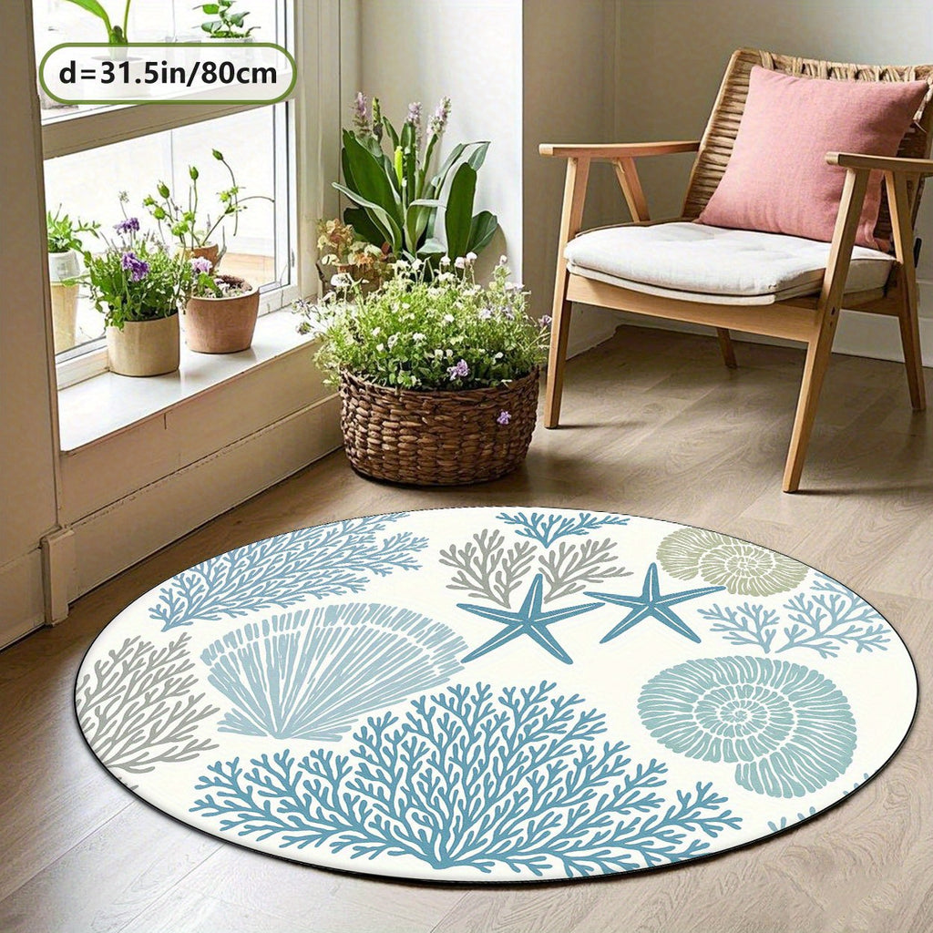 Tapis rond blanc et bleu à coraux marins, Ø 100 et 160 cm