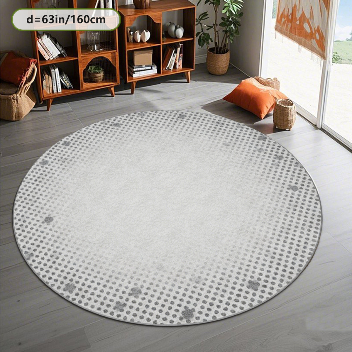 Tapis rond ivoire à large bordure de pois gris, trois tailles