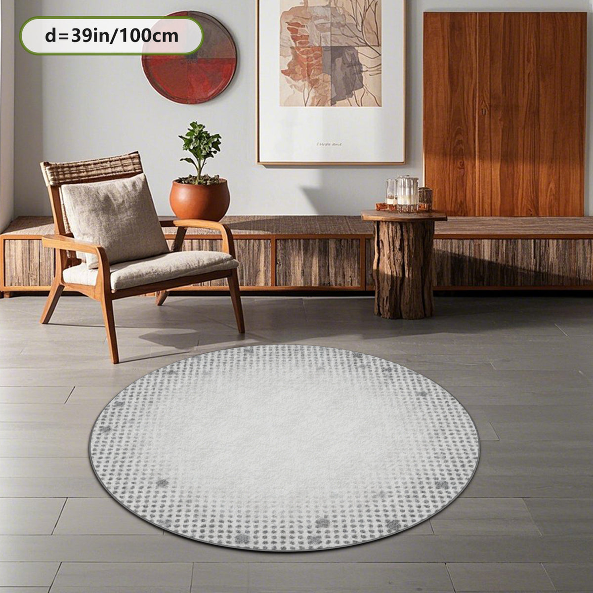 Tapis rond ivoire à large bordure de pois gris, trois tailles