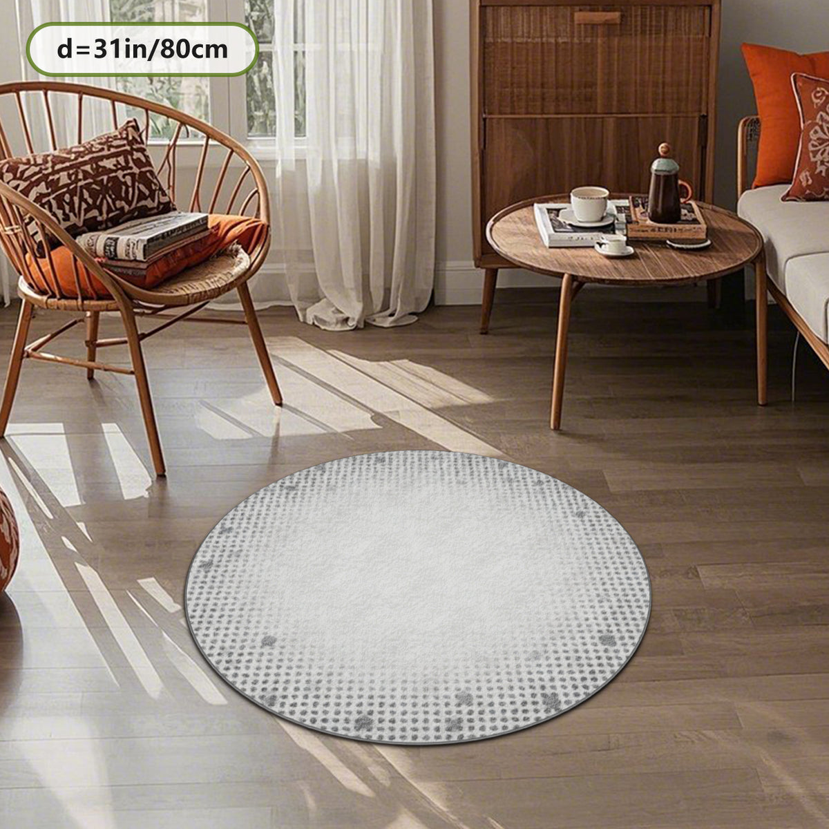 Tapis rond ivoire à large bordure de pois gris, trois tailles
