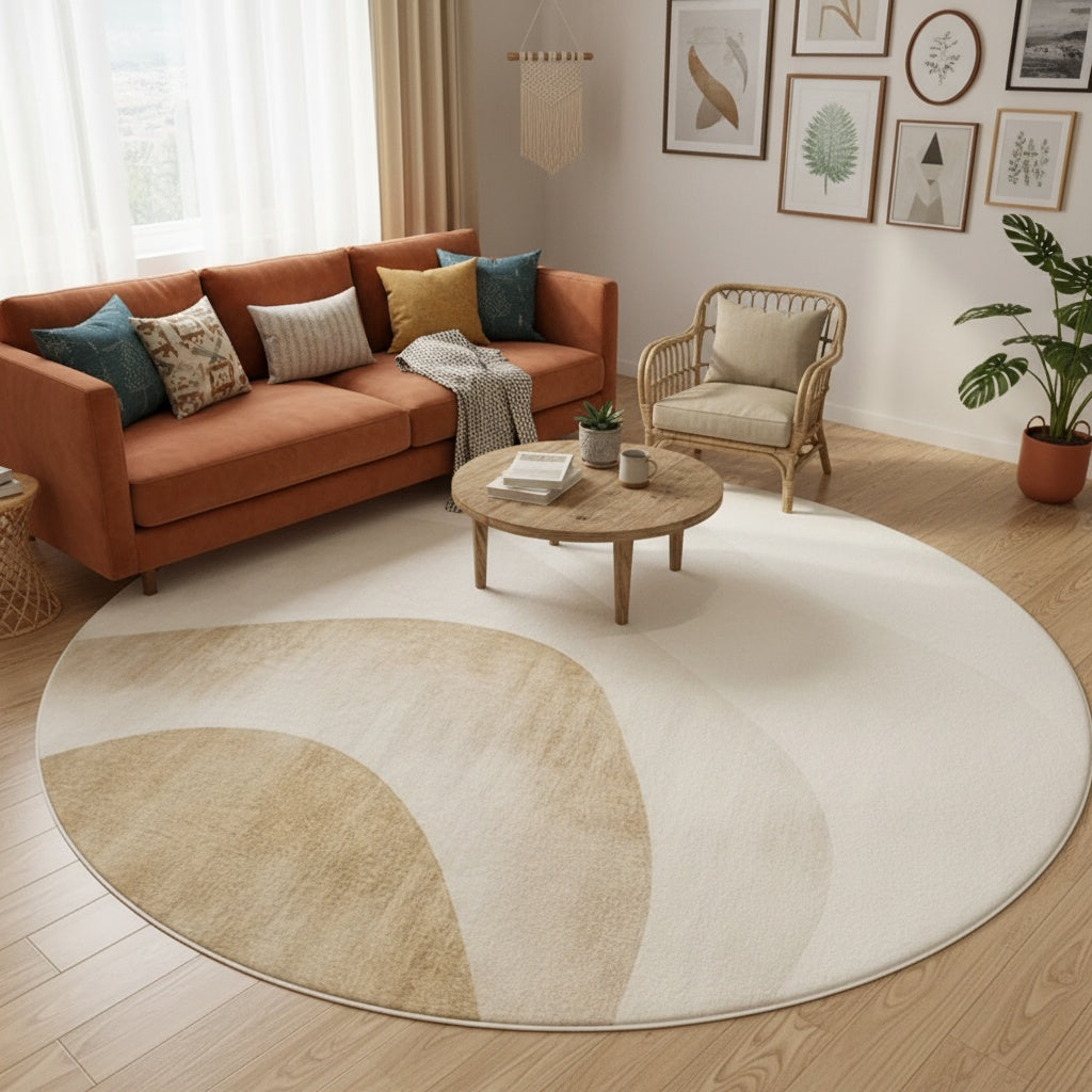Tapis rond ivoire à courbes dorées, jusqu'au très grand Ø 200