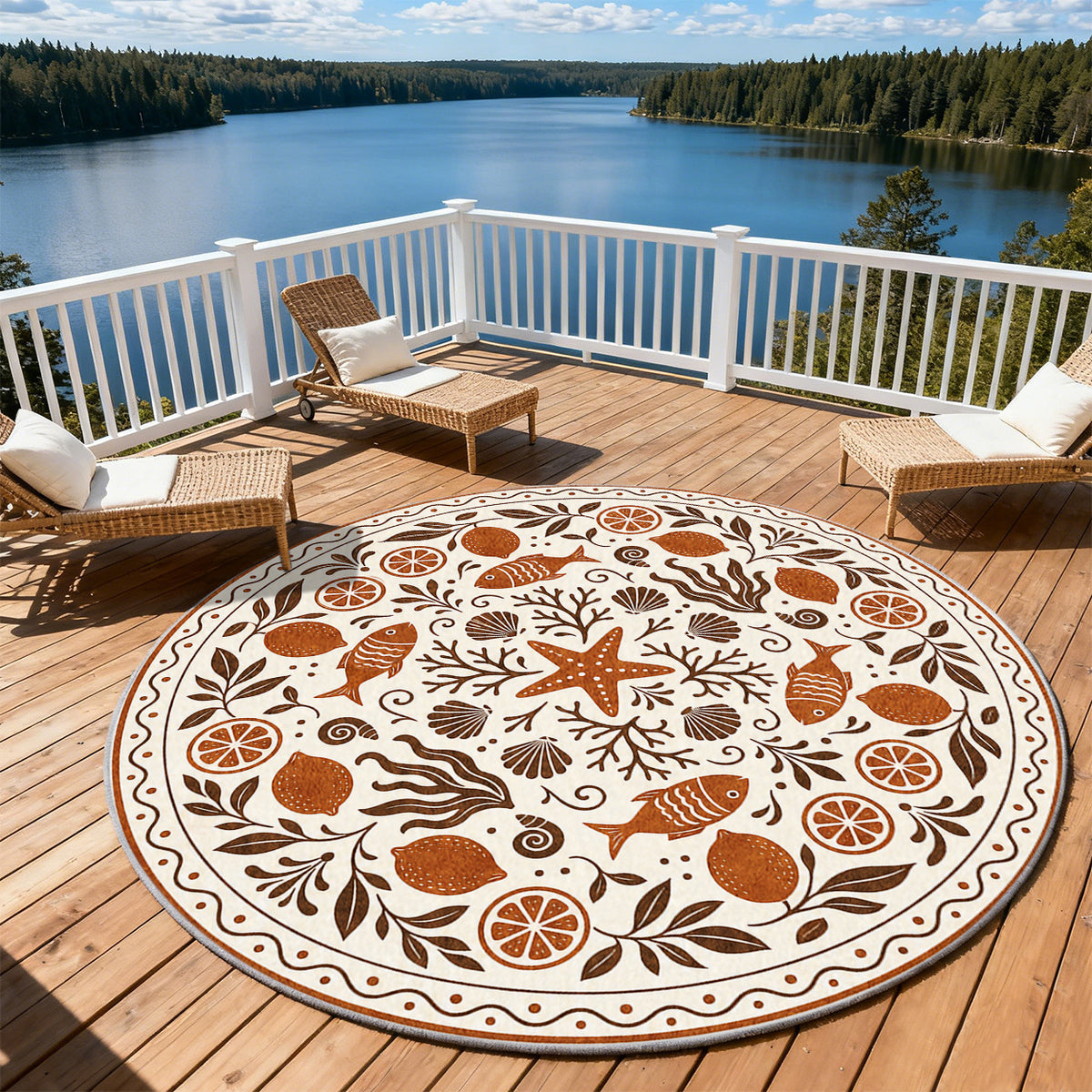 Tapis rond ivoire à décor marin folk en terre cuite et brun