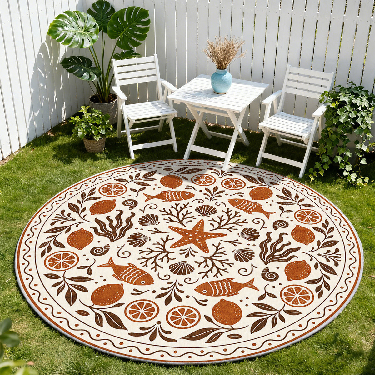 Tapis rond ivoire à décor marin folk en terre cuite et brun