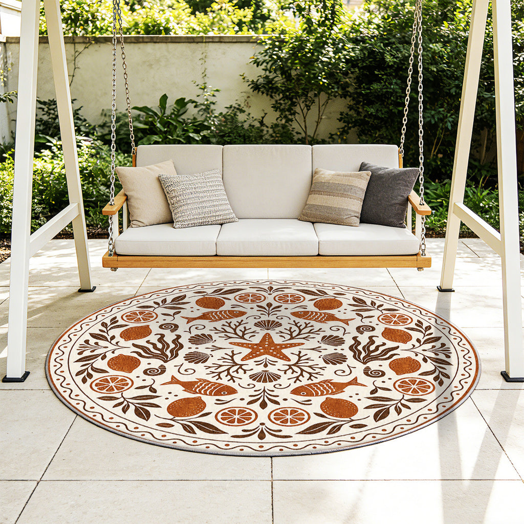 Tapis rond ivoire à décor marin folk en terre cuite et brun