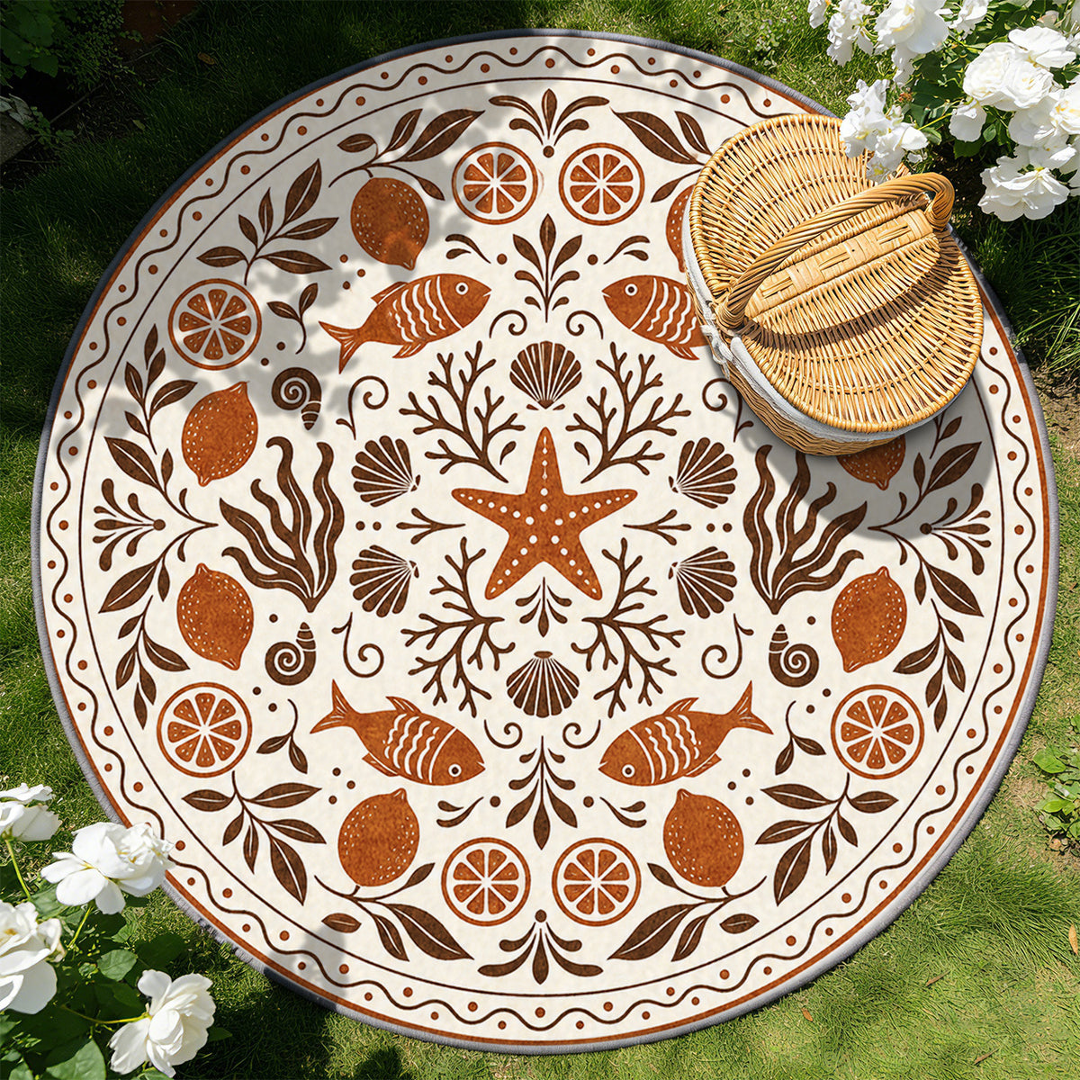 Tapis rond ivoire à décor marin folk en terre cuite et brun