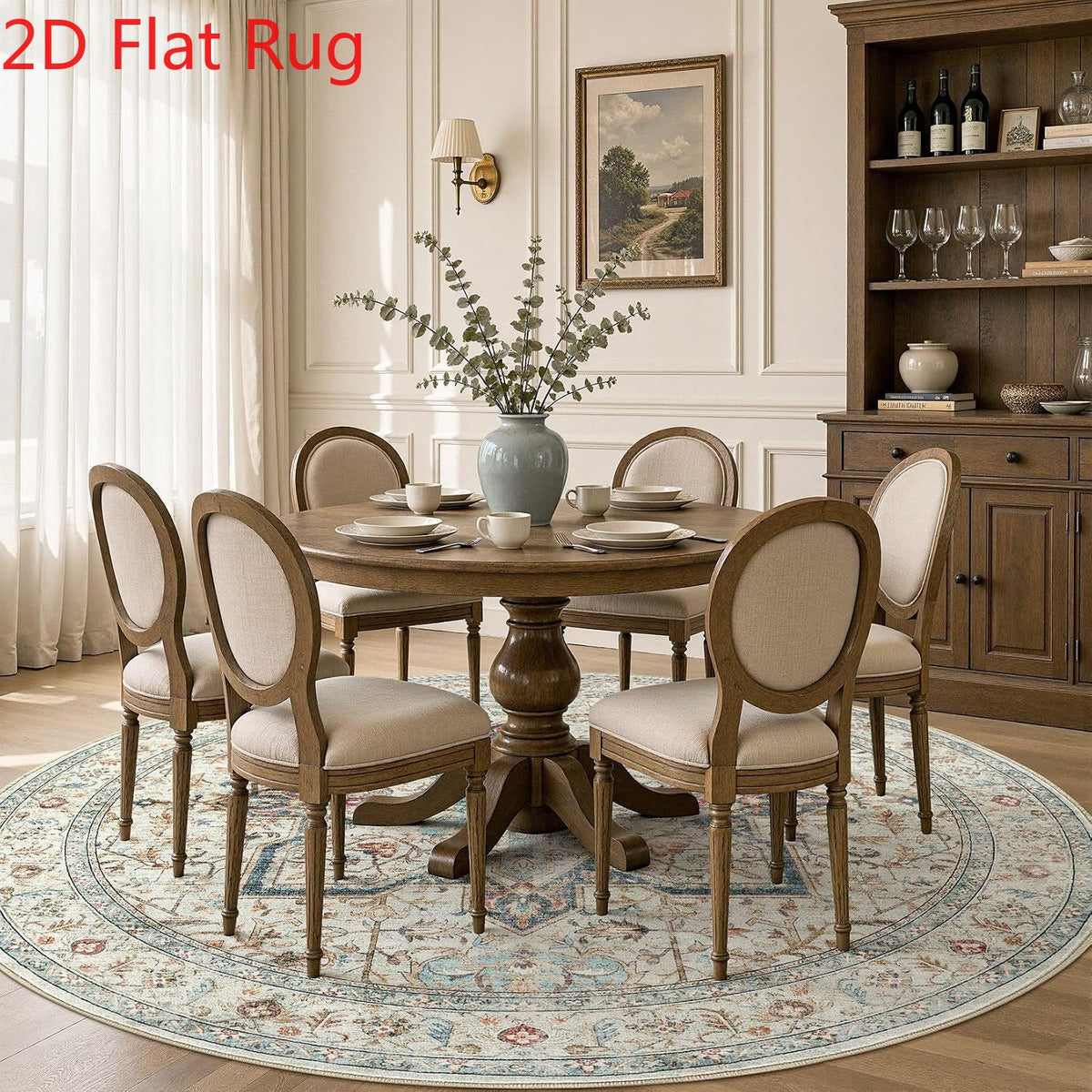 Tapis rond ivoire à étoile bleue, oriental, Ø 244 et 300 cm
