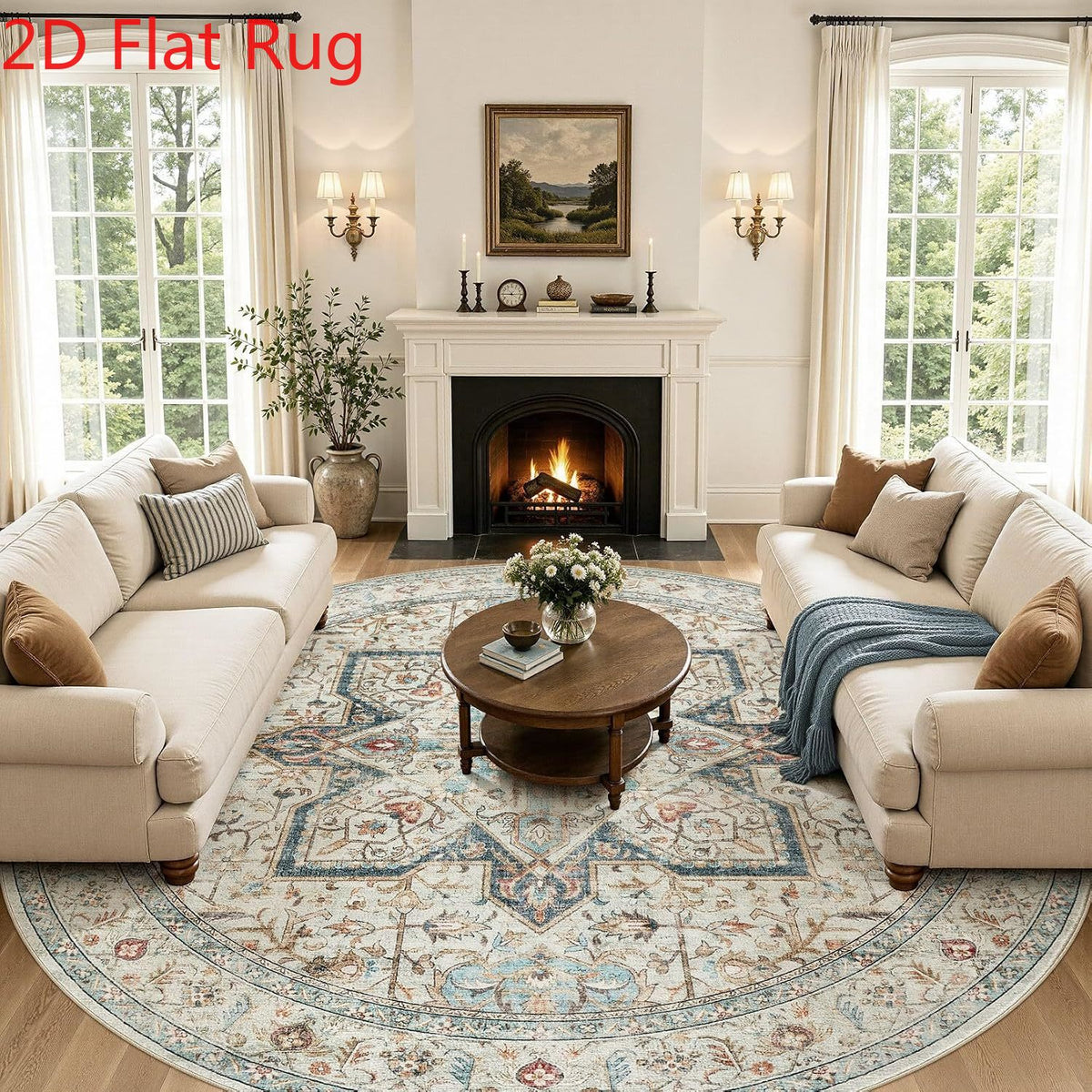 Tapis rond ivoire à étoile bleue, oriental, Ø 244 et 300 cm