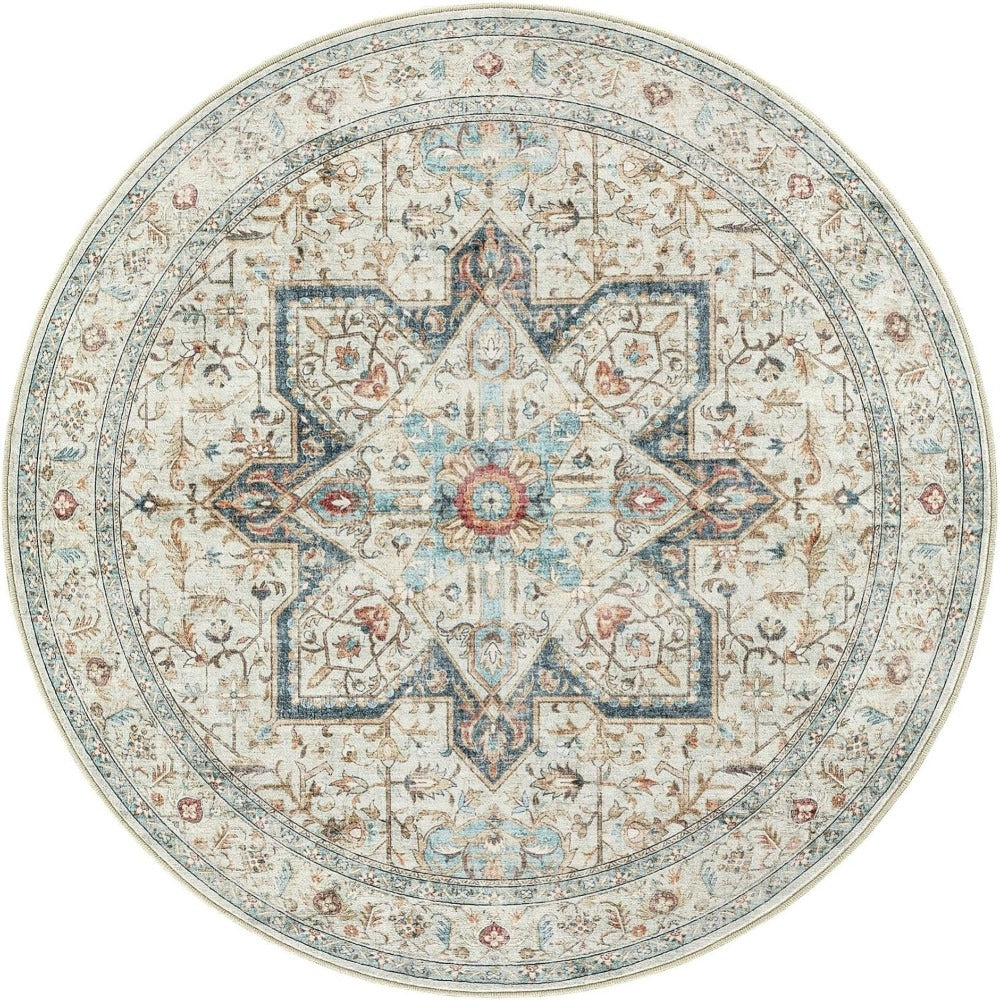 Tapis rond ivoire à étoile bleue, oriental, Ø 244 et 300 cm