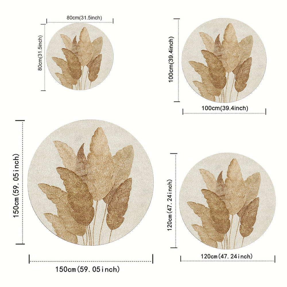 Tapis rond ivoire à grandes feuilles brunes, sept tailles