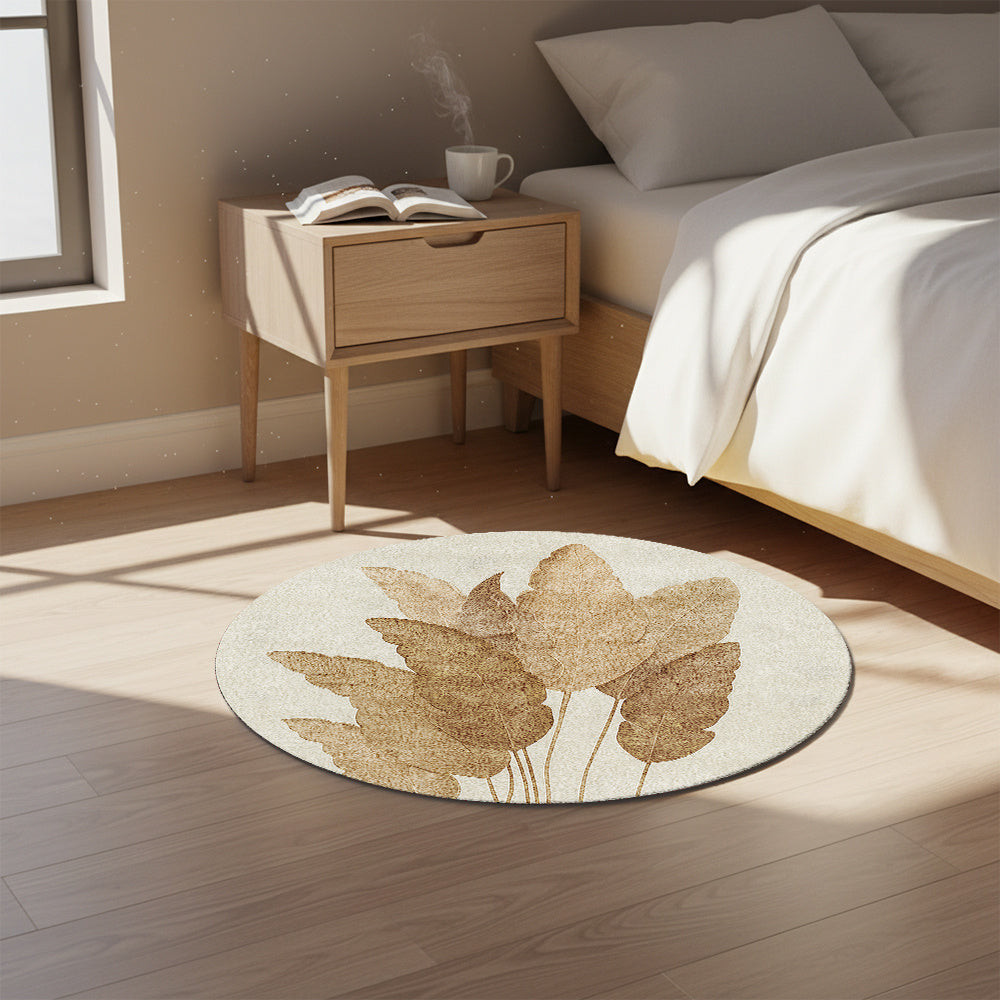 Tapis rond ivoire à grandes feuilles brunes, sept tailles