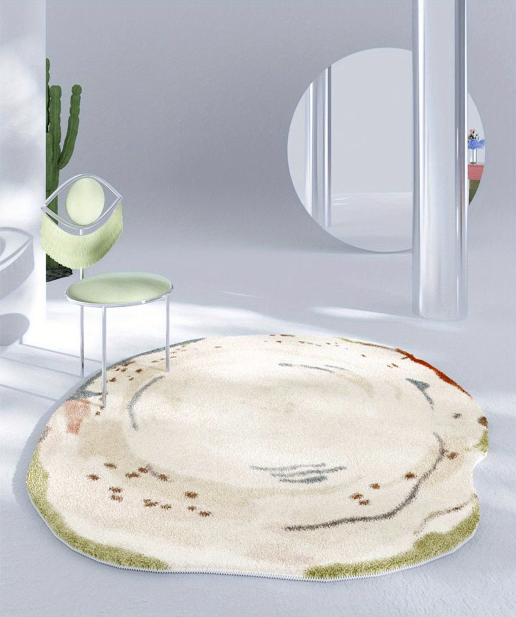 Tapis rond ivoire de forme libre, envers vinyle antidérapant