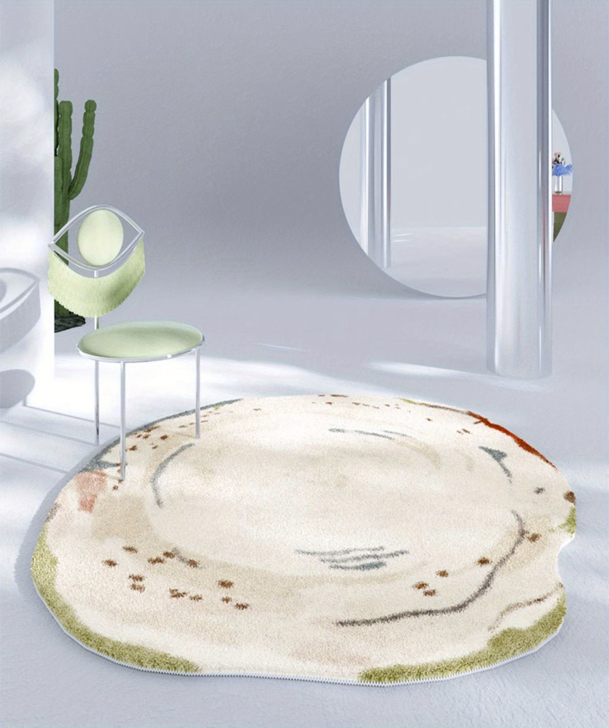 Tapis rond ivoire de forme libre, envers vinyle antidérapant