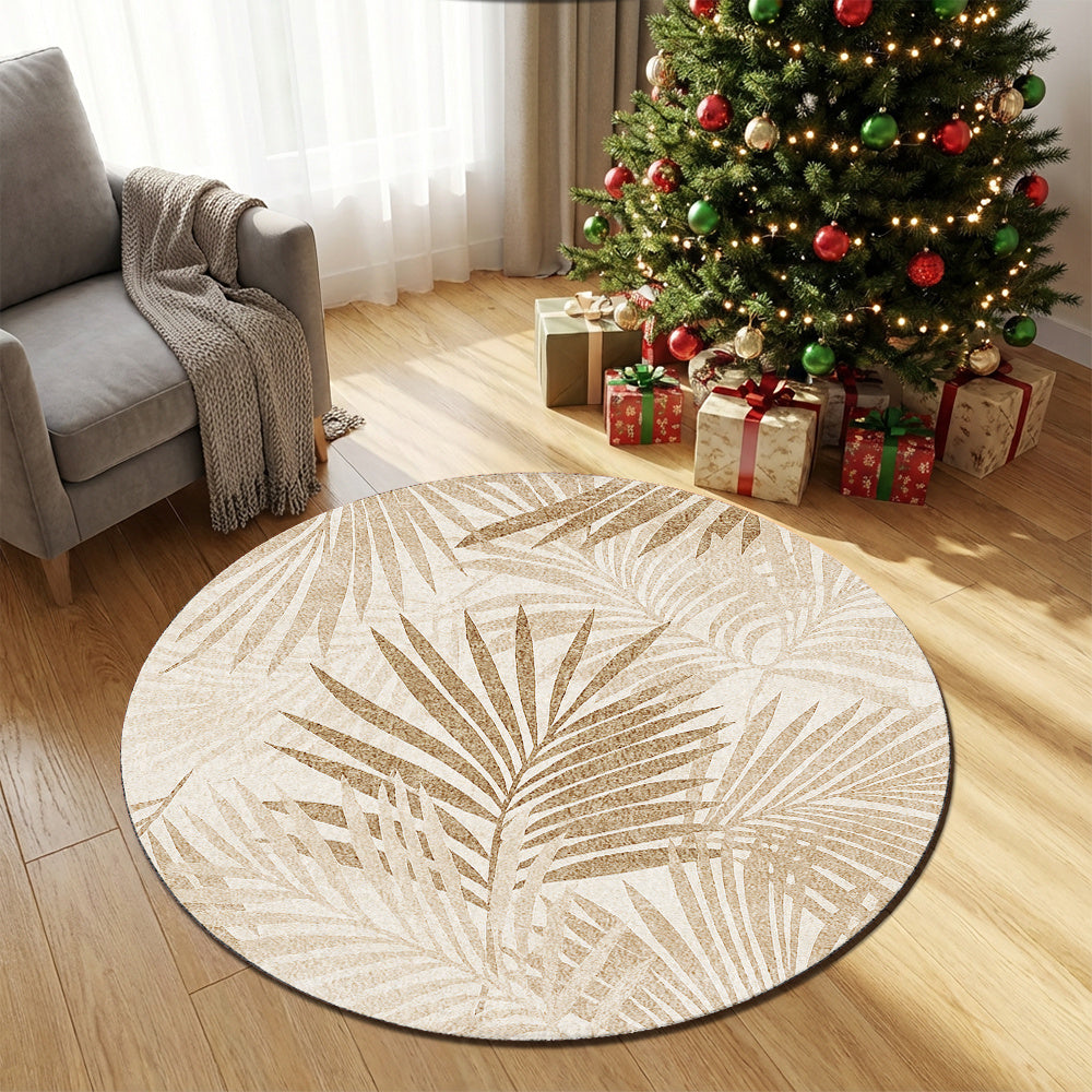 Tapis rond crème à palmes tropicales dorées, sept cotes