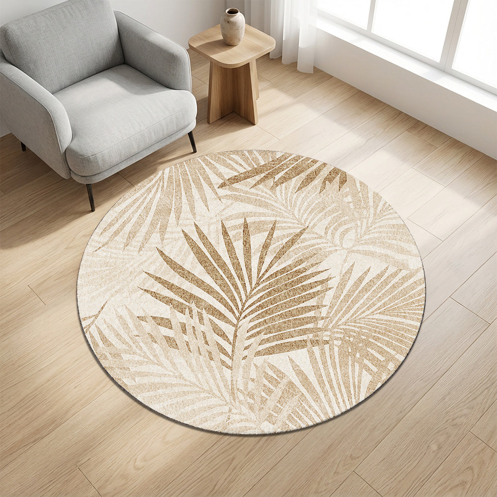 Tapis rond crème à palmes tropicales dorées, sept cotes