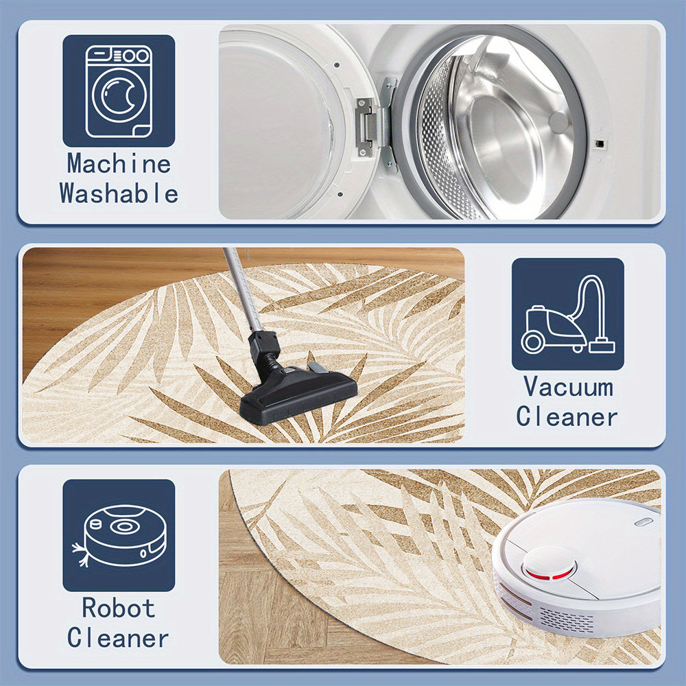 Tapis rond crème à palmes tropicales dorées, sept cotes