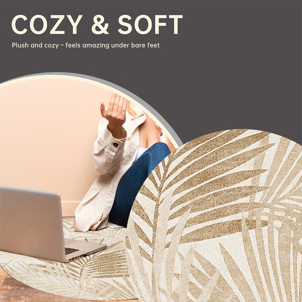 Tapis rond crème à palmes tropicales dorées, sept cotes