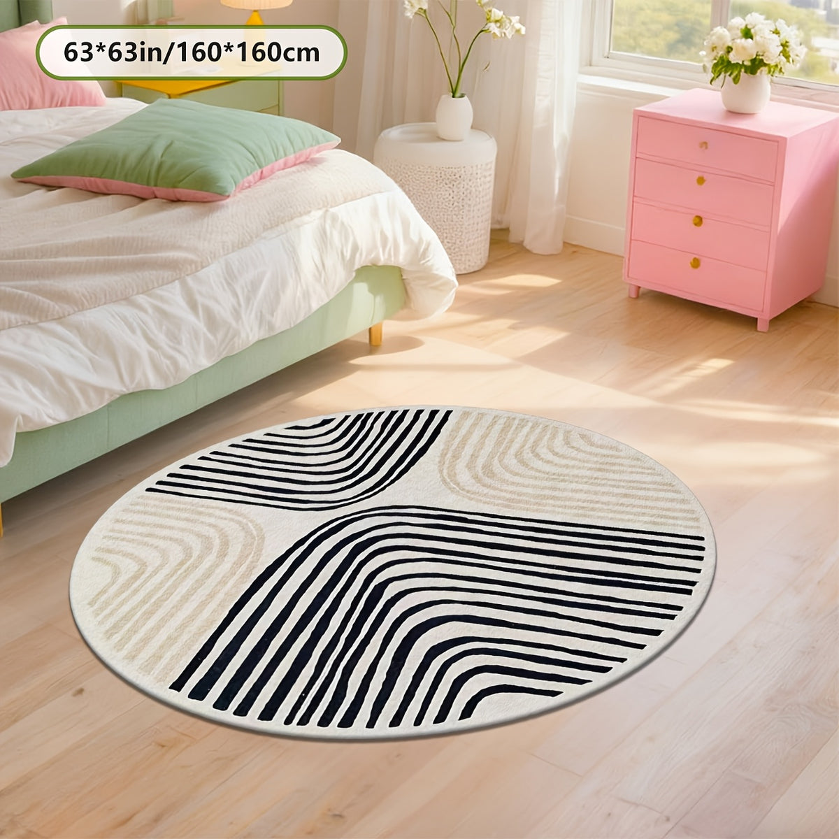 Tapis rond ivoire à lignes noires, quatre diamètres au choix