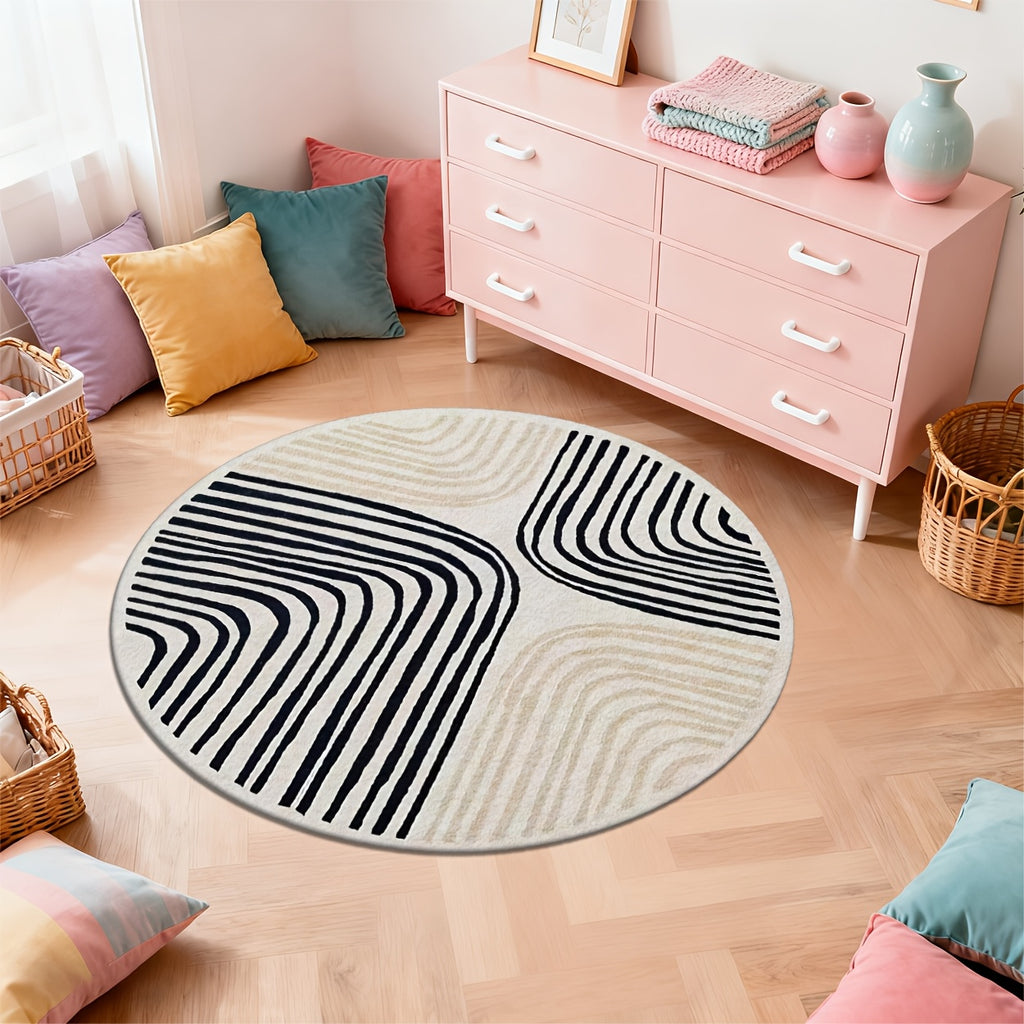Tapis rond ivoire à lignes noires, quatre diamètres au choix
