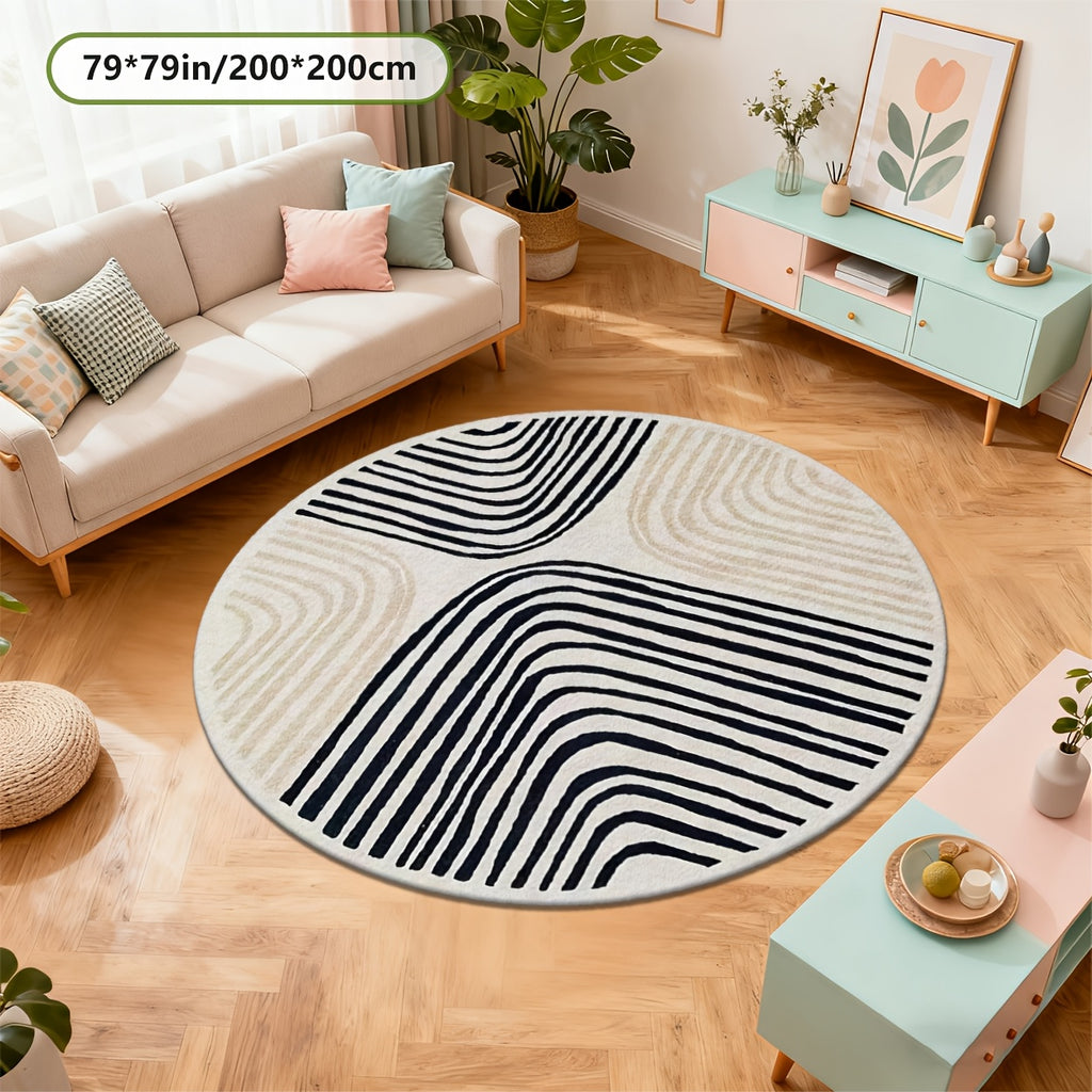 Tapis rond ivoire à lignes noires, quatre diamètres au choix