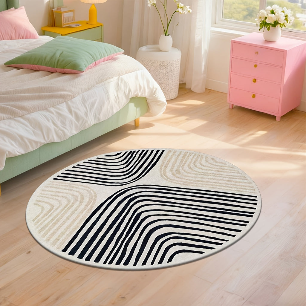 Tapis rond ivoire à lignes noires, quatre diamètres au choix