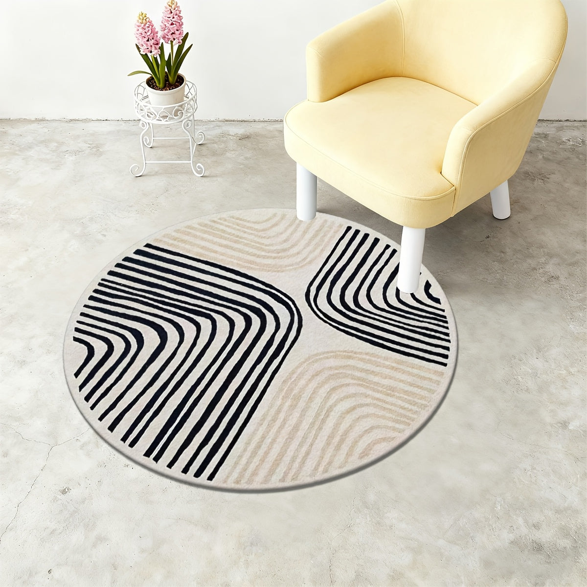 Tapis rond ivoire à lignes noires, quatre diamètres au choix