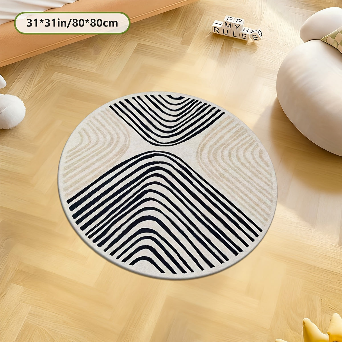 Tapis rond ivoire à lignes noires, quatre diamètres au choix