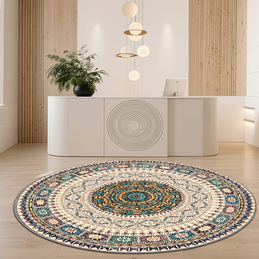 Tapis rond ivoire Ø 200 cm, mandala perse et dos à pois
