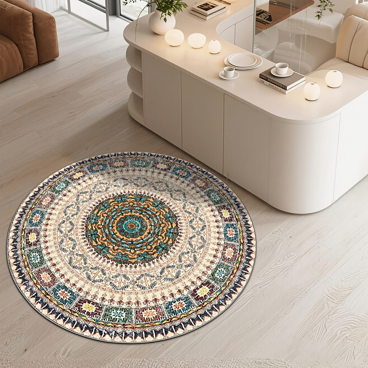 Tapis rond ivoire Ø 200 cm, mandala perse et dos à pois