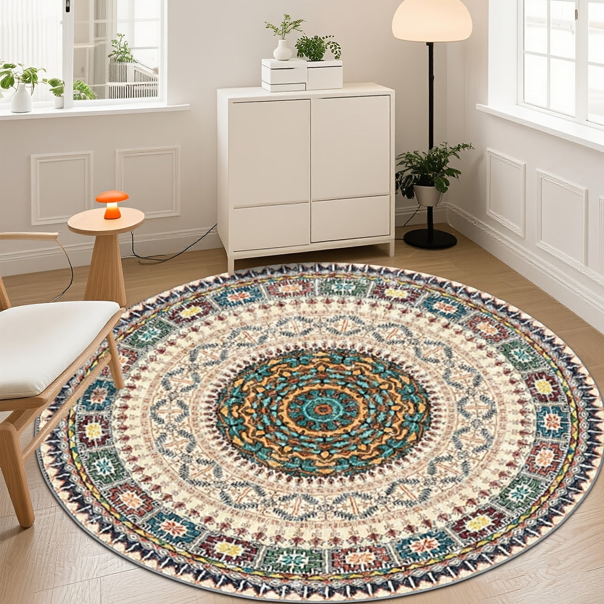 Tapis rond ivoire Ø 200 cm, mandala perse et dos à pois