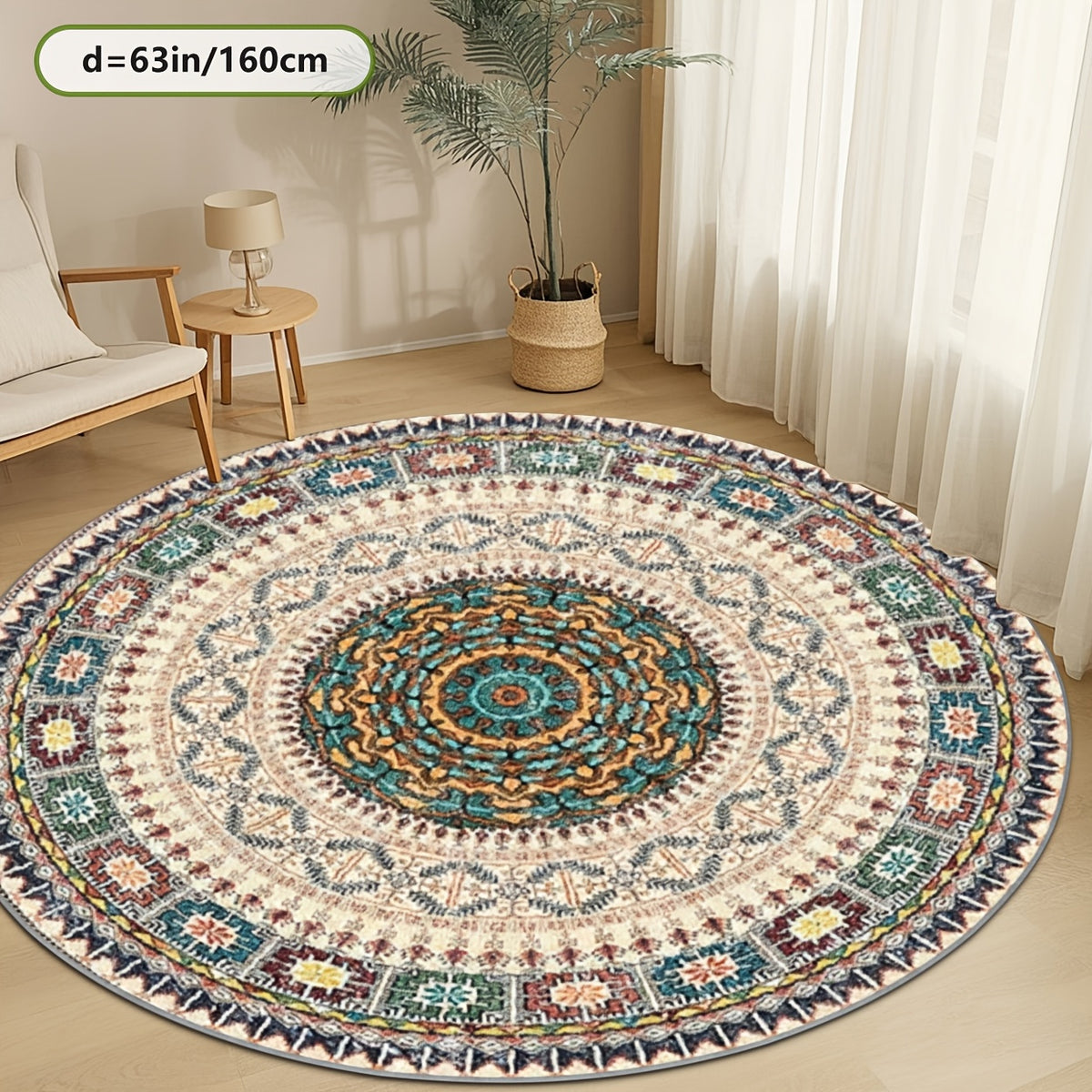 Tapis rond ivoire Ø 200 cm, mandala perse et dos à pois