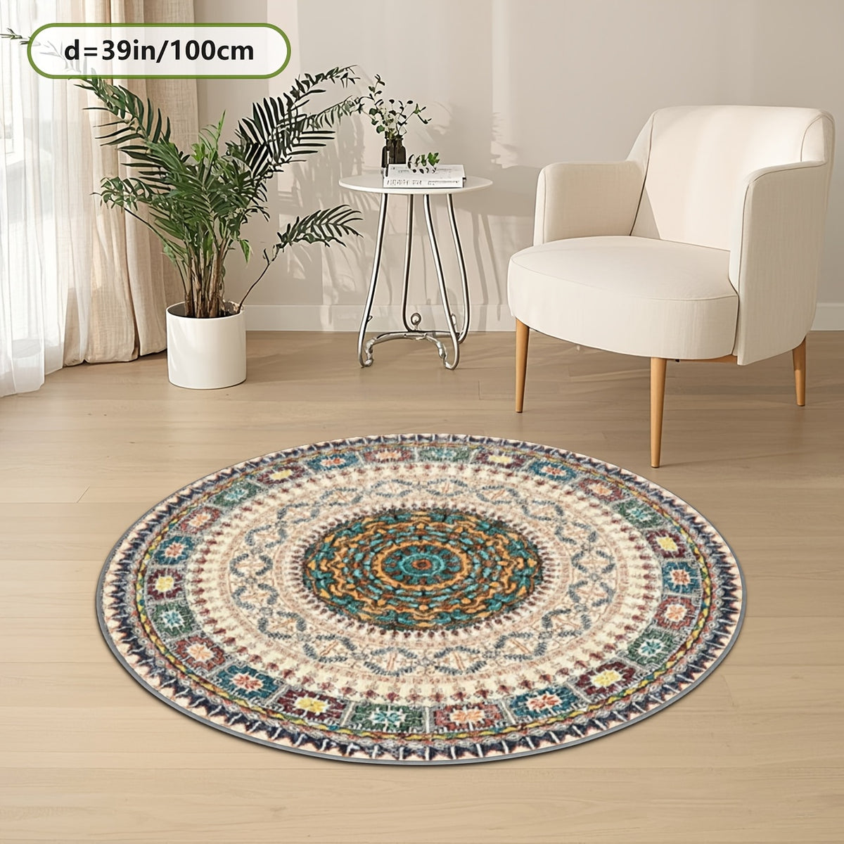 Tapis rond ivoire Ø 200 cm, mandala perse et dos à pois